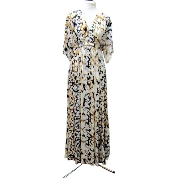 DG2 Diane Gilman White Black Brown Animal Print Tie Back Maxi Dress Sz XS Retro - Picture 1 of 10